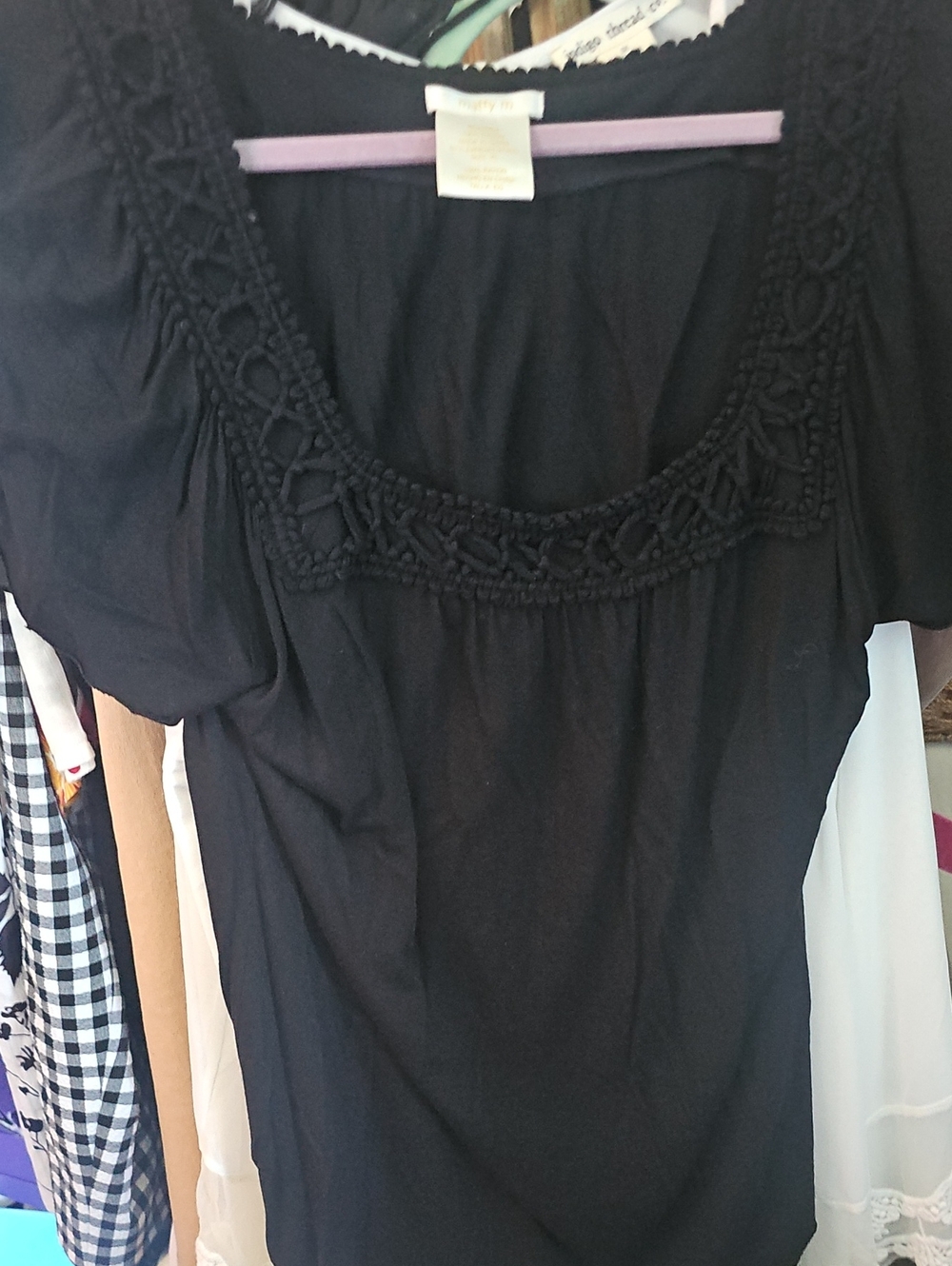 Matty M Black Women's Crochet Yoke Short Sleeve Top
